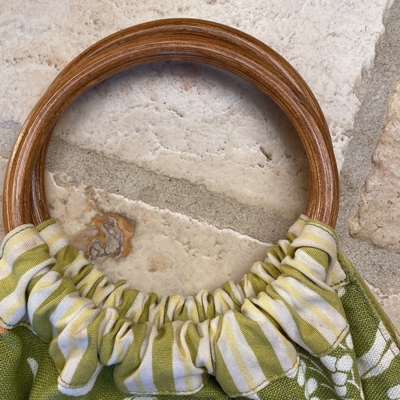 Linen Wood Handle Handbag Purse Womens tote stripes floral round handle knitting - Picture 4 of 7